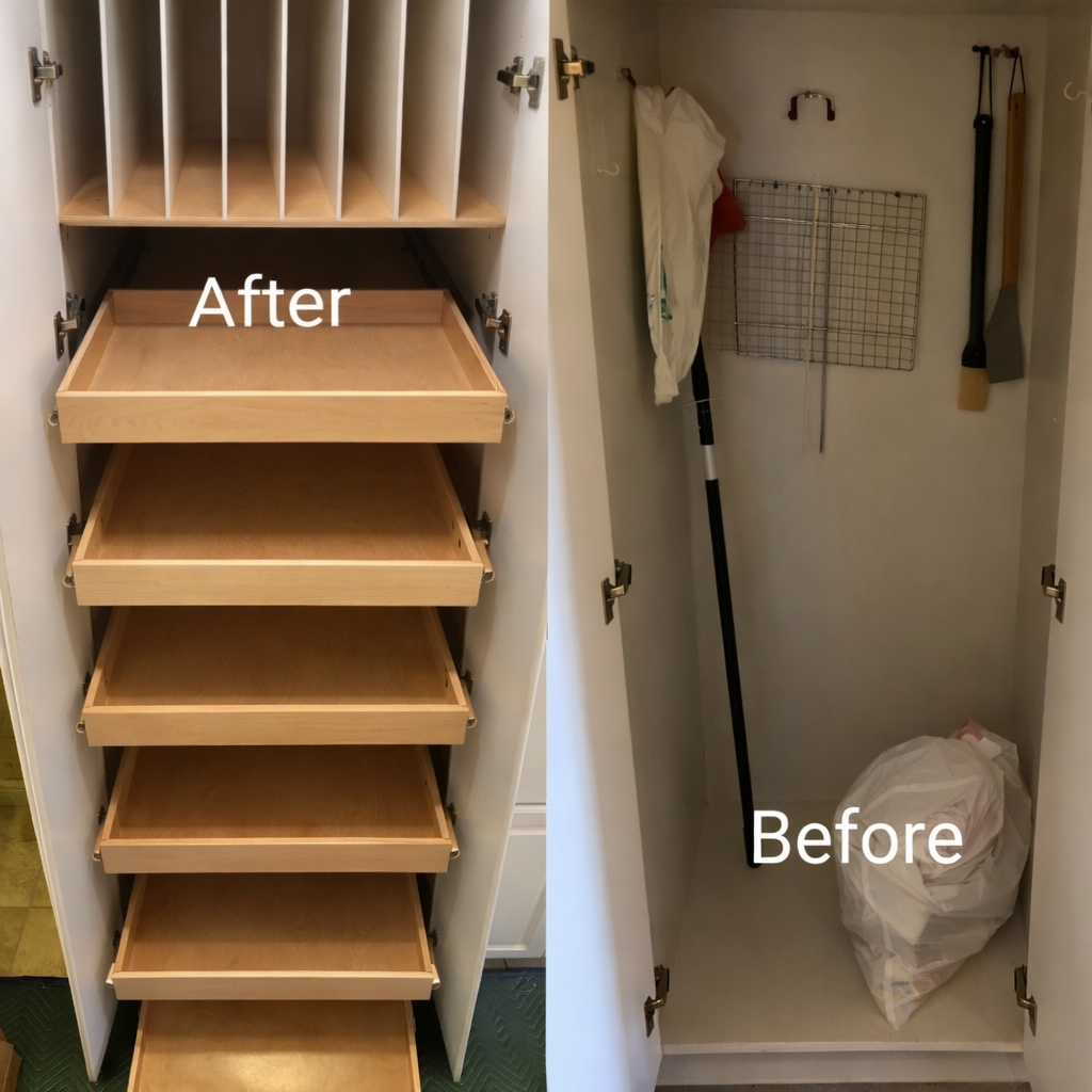 Before and after closet transformation with pull-out shelves