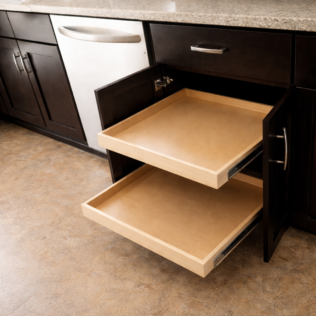 Double pull-out birch shelves in dark espresso cabinets