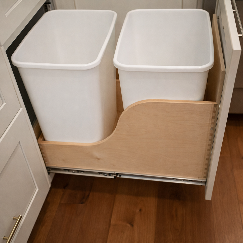 Double trash can pull-out system in white cabinets