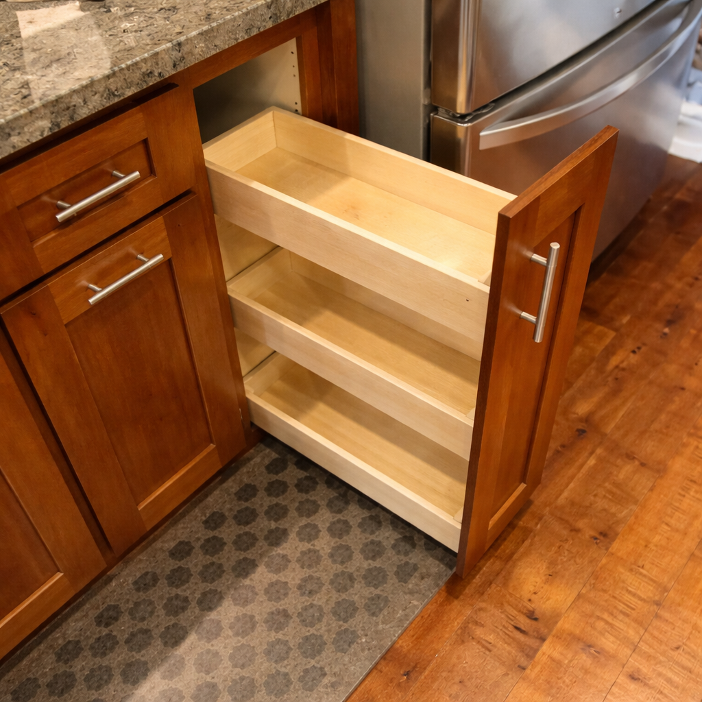 Narrow pull-out spice and pantry rack in cherry cabinets