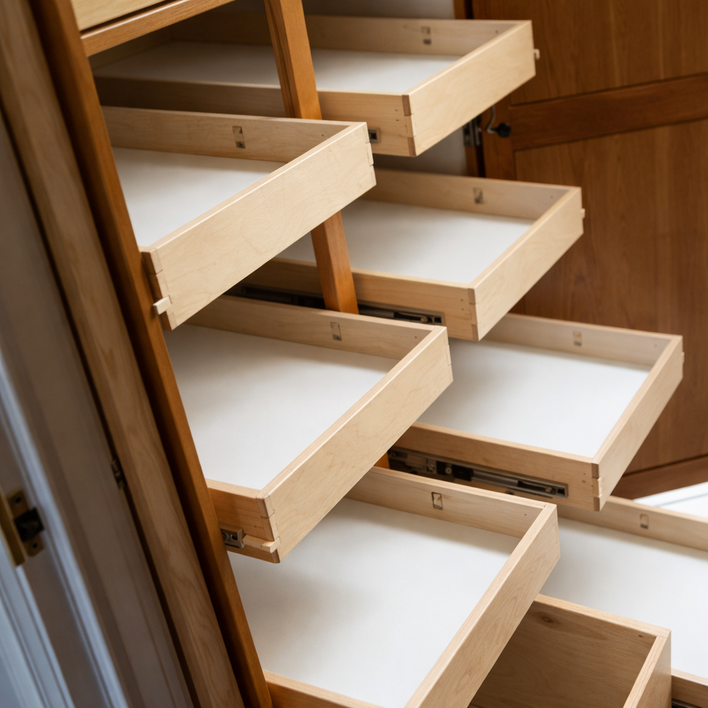Multiple pull-out shelves extended from tall cabinet