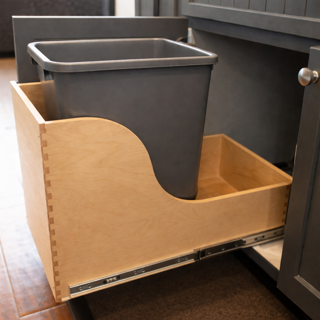 Pull-out trash can organizer in dark gray cabinet