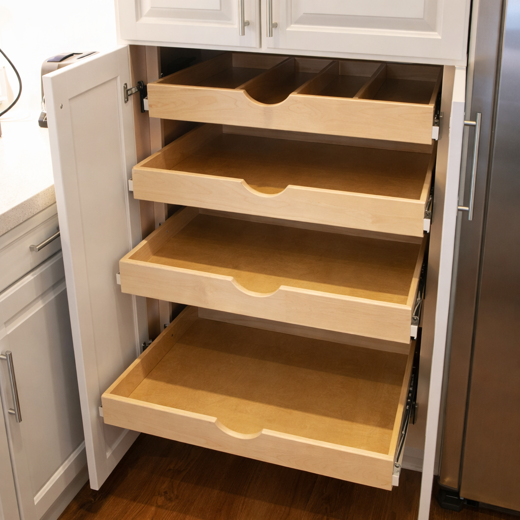 Four pull-out shelves with divider tray in white cabinets